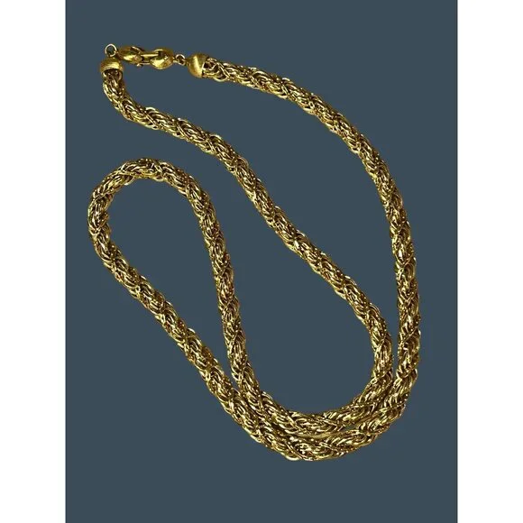 Vintage Monet Gold-Tone Twisted Rope Chain Necklace With Textured Beads & Clasp - Picture 2 of 8